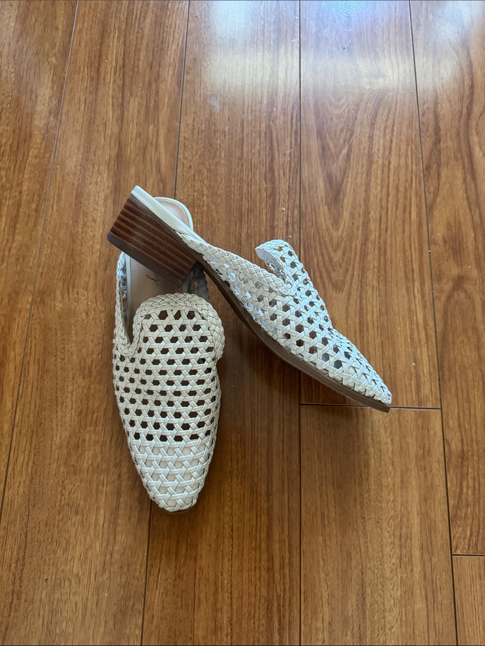 Wonderly Cream Woven Slip-On Mules with Low Stacked Heel